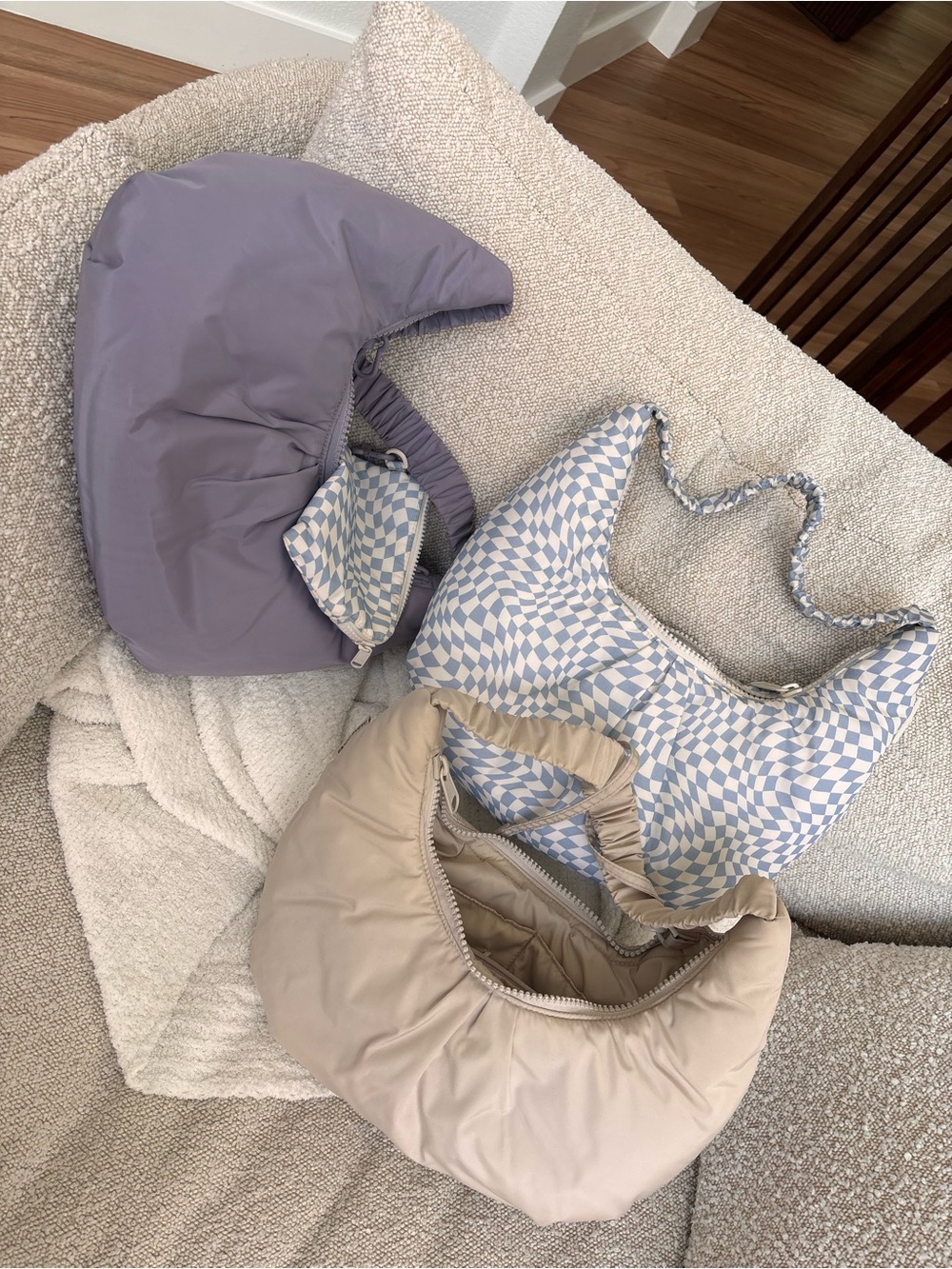 Three Dagne Dover Shoulder Bags in Lavender, Blue-White Check, and Beige Nylon